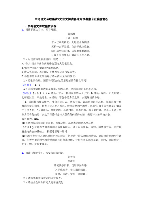 中考语文诗歌鉴赏+文言文阅读各地方试卷集合汇编含解析