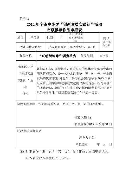 市创新素质实践行作品申报表