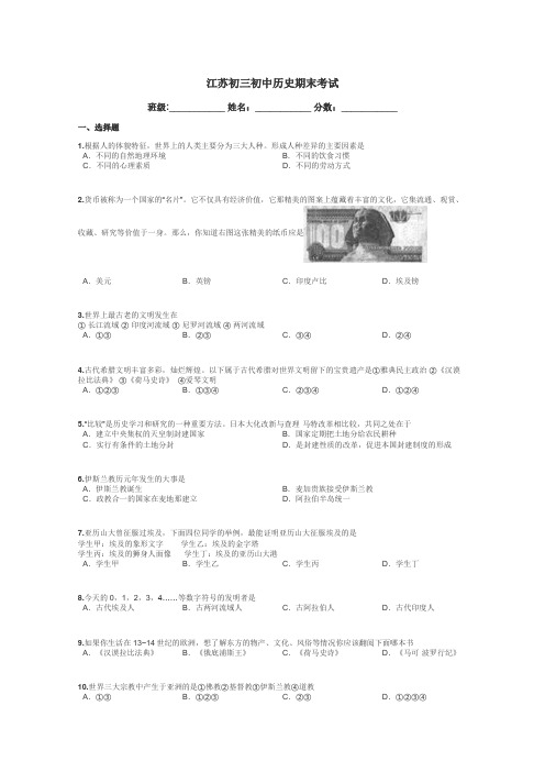 江苏初三初中历史期末考试带答案解析
