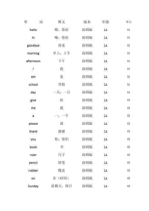 牛津深圳版一年级单词