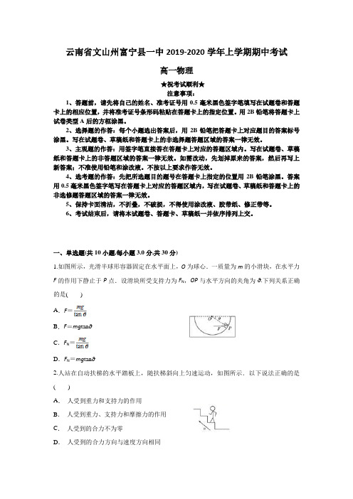 2019-2020学年云南省文山州富宁县一中高一上学期期中考试物理