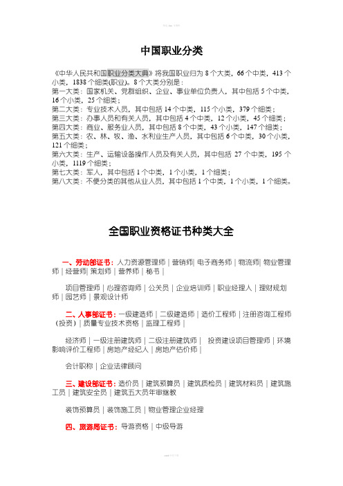 全国职业资格 证书种类大全