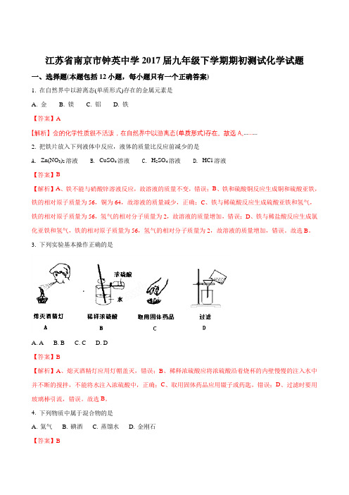 江苏省南京市钟英中学2017届九年级下学期期初测试化学试题(解析版)