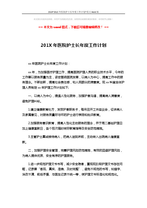 2019-201X年医院护士长年度工作计划-范文word版 (2页)