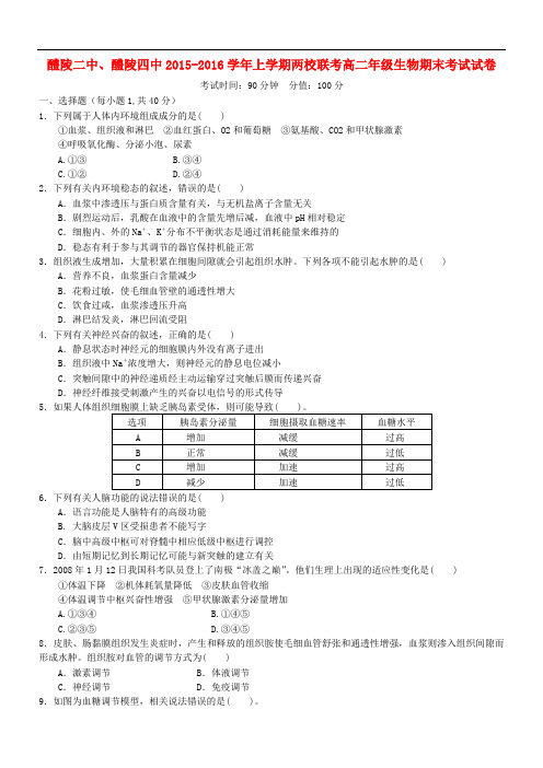 湖南省醴陵二中、醴陵四中高二生物上学期期末联考试题