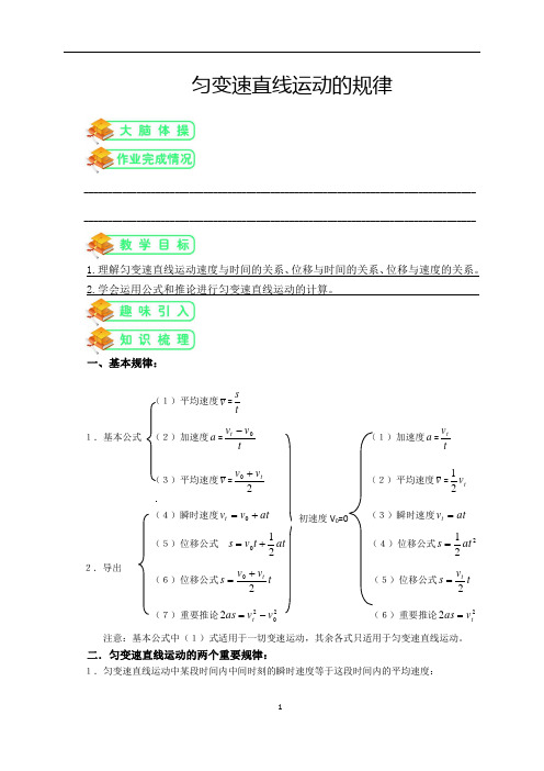 沪教版高中物理必修一第3讲：匀变速直线运动的规律(教师版)