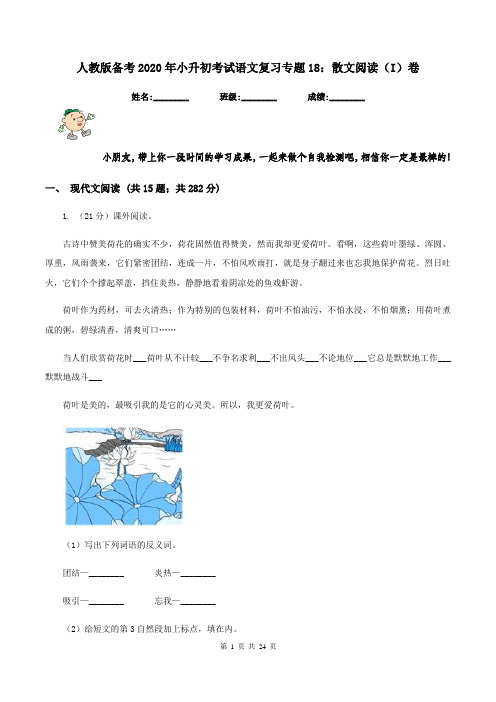 人教版备考2020年小升初考试语文复习专题18：散文阅读(I)卷
