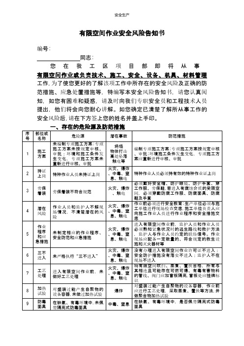 有限空间作业安全风险告知书 安全生产规范化资料