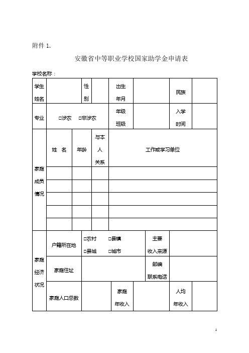 安徽省中等职业学校国家助学金申请表