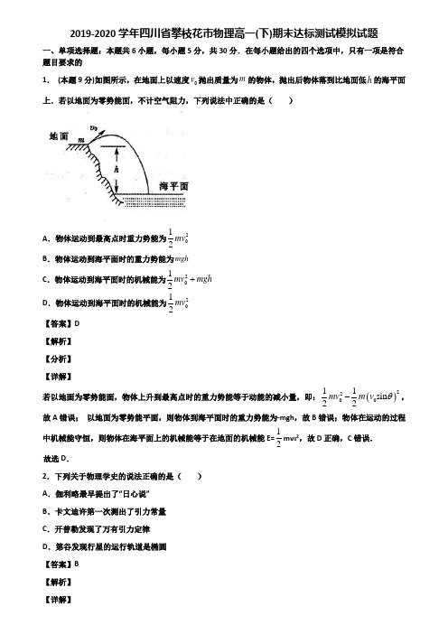 2019-2020学年四川省攀枝花市物理高一(下)期末达标测试模拟试题含解析