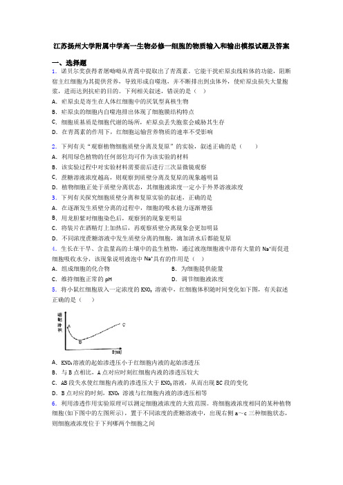江苏扬州大学附属中学高一生物必修一细胞的物质输入和输出模拟试题及答案