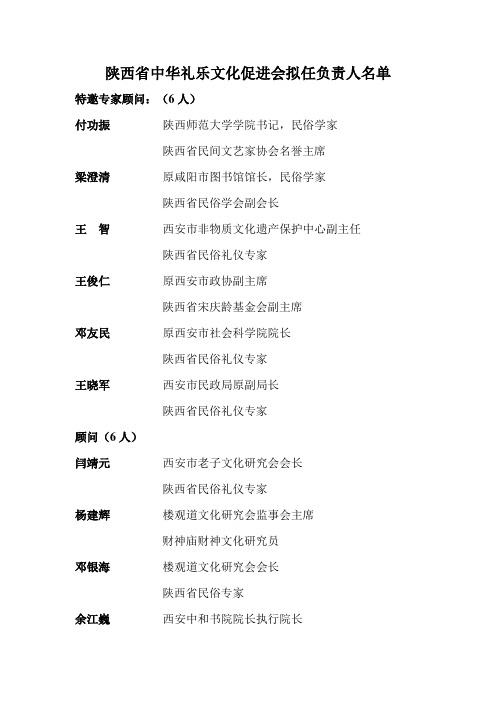 陕西省中华礼乐文化促进会拟任负责人名单