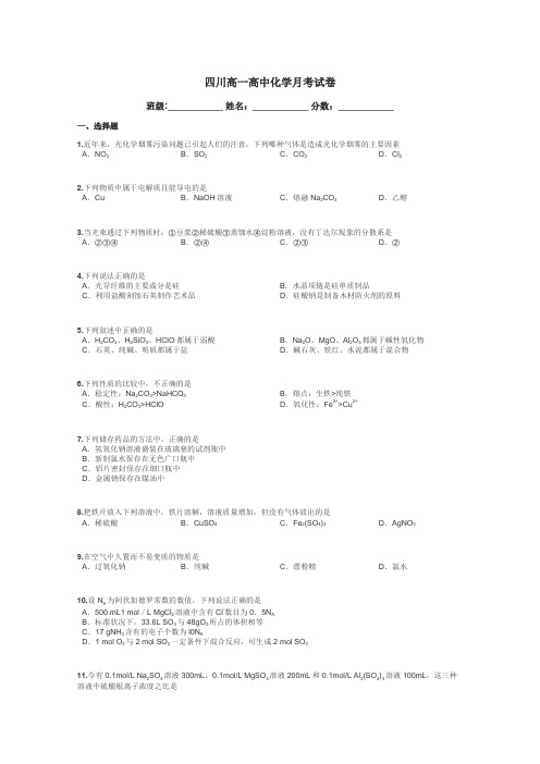 四川高一高中化学月考试卷带答案解析
