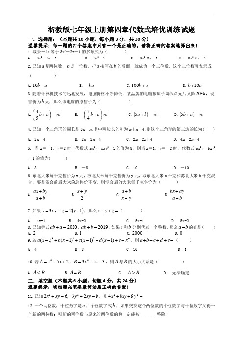 浙教版七年级上册第四章代数式培优训练试题及答案