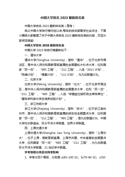 中国大学排名2023最新排名表