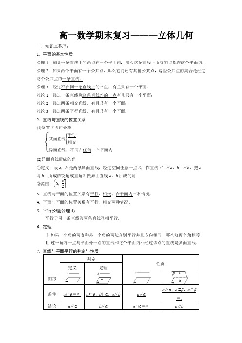 高一数学期末复习立体几何