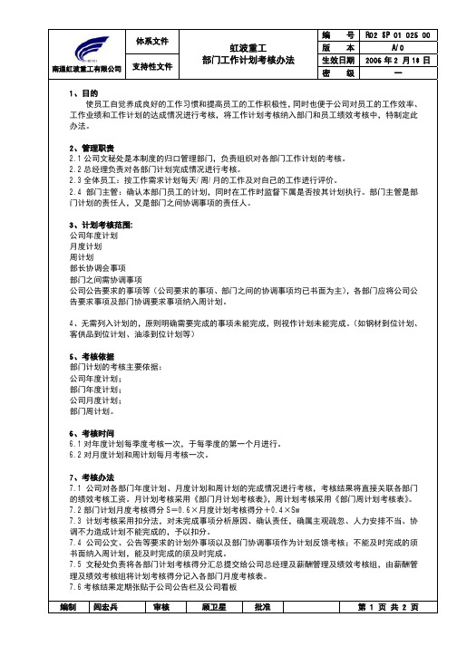 部门工作计划考核办法