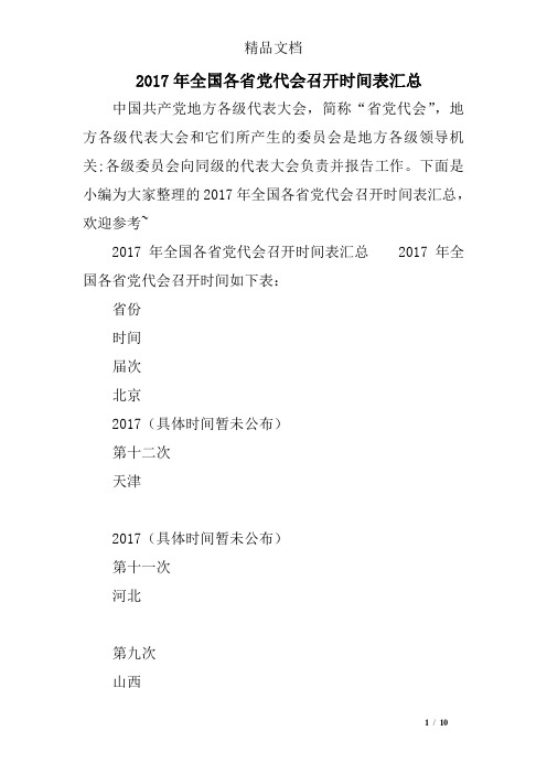 2017年全国各省党代会召开时间表汇总