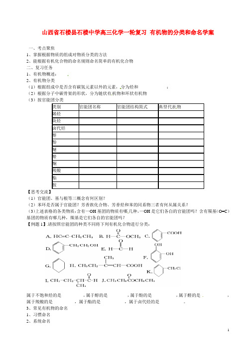山西省石楼县石楼中学高三化学一轮复习 有机物的分类和命名学案