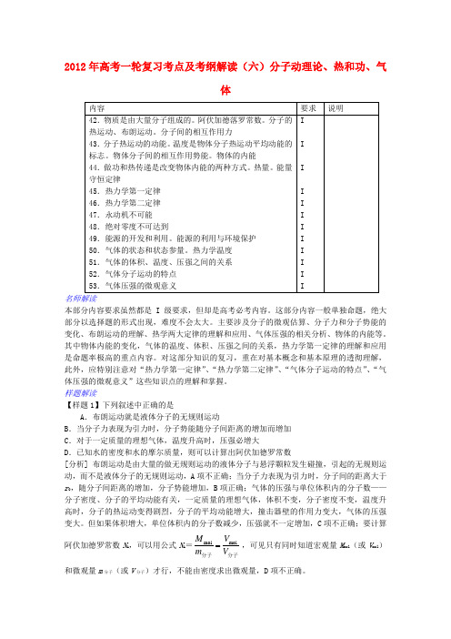 高考物理一轮复习考点及考纲解读 分子动理论、热和功、气体(6)