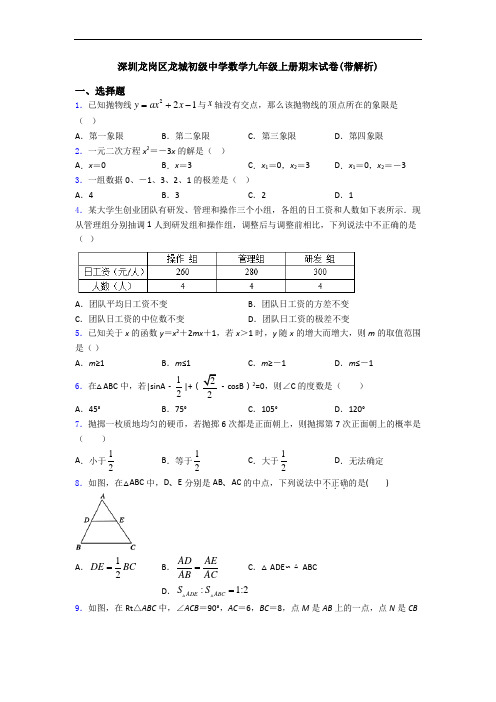 深圳龙岗区龙城初级中学数学九年级上册期末试卷(带解析)