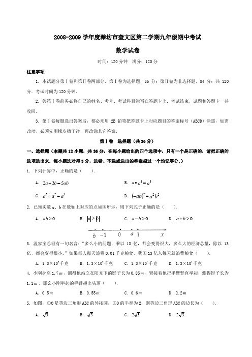 山东潍坊奎文08-09学年九年级下期中试卷---数学