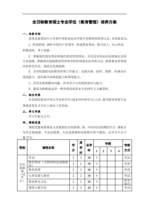 全日制教育硕士专业学位教育管理培养方案