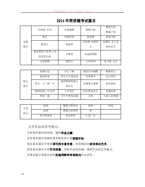 苏教中等职业学校语文简答题考试篇目