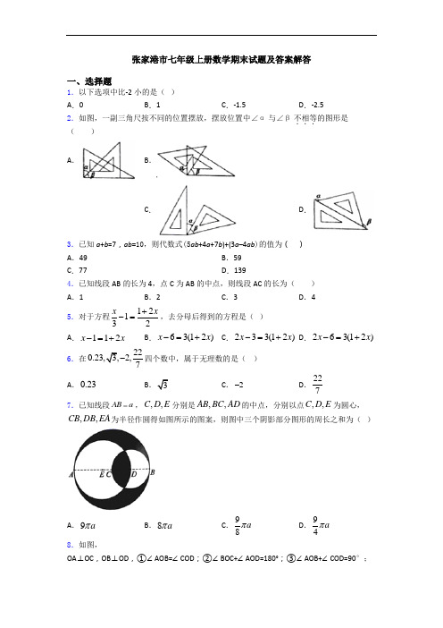 张家港市七年级上册数学期末试题及答案解答