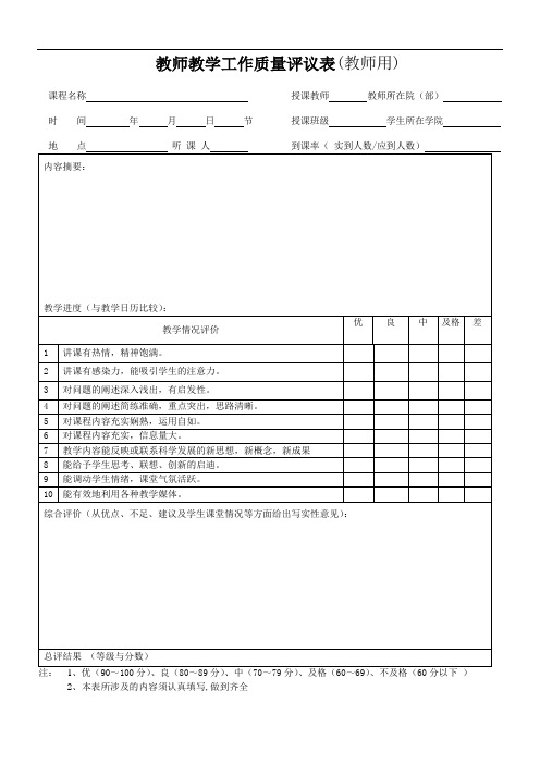 教师教学工作质量评议表(教师用)