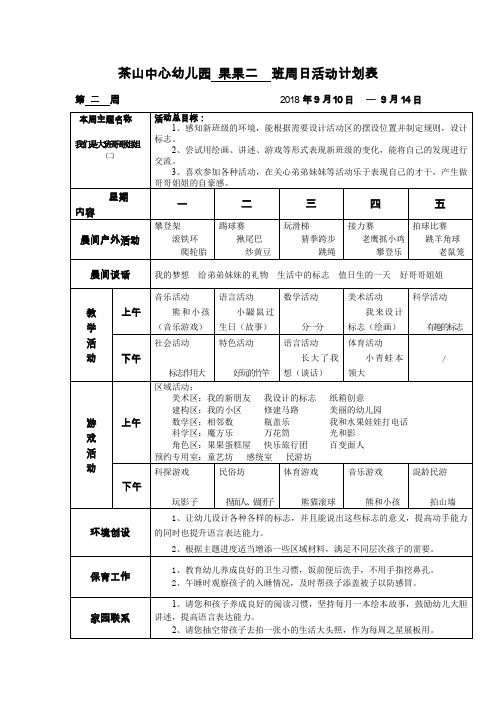 茶山中心幼儿园 果果二 班周日活动计划表