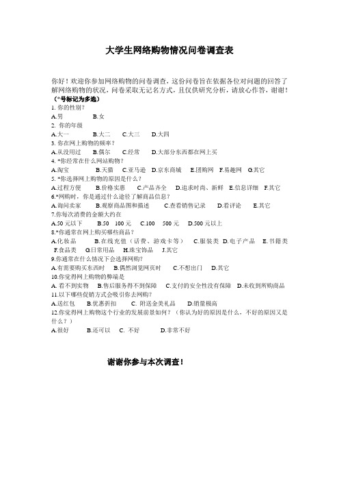 大学生网络购物情况问卷调查表
