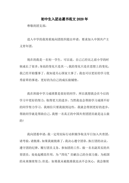 初中生入团志愿书范文2020年