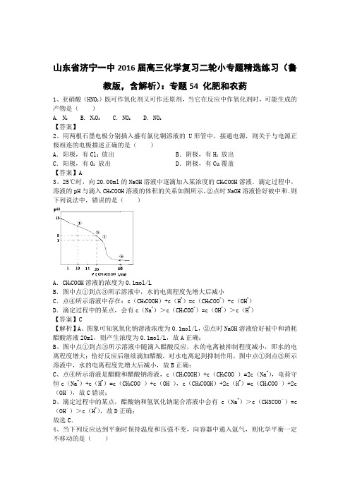 山东省济宁一中2016届高三化学复习二轮小专题精选练习(鲁教版,含解析)：专题54 化肥和农药