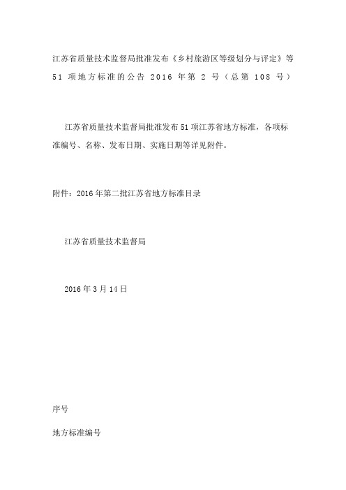 江苏省质量技术监督局批准发布《乡村旅游区等级划分与评定》等项地方标准的公告第总第