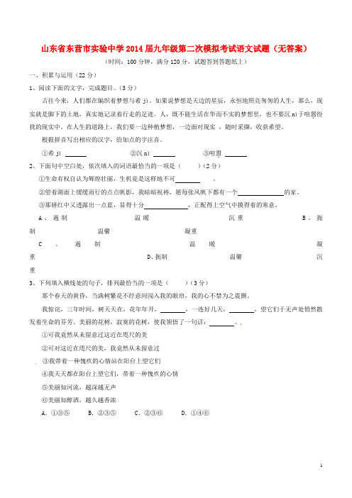 山东省东营市实验中学九年级语文第二次模拟考试试题(无答案)