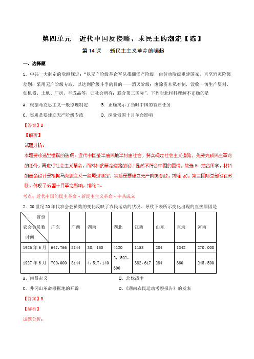 专题14 新民主主义革命的崛起(练)-2016-2017学年高一历史同步精品课堂(基础版)(必修1)(解析版)