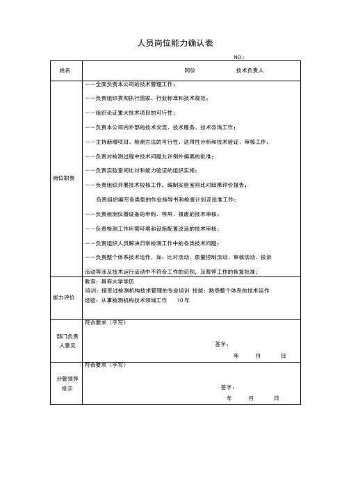 技术负责人岗位能力确认表