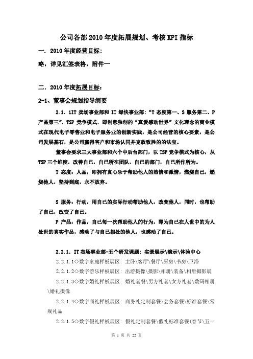 公司各部2010年度拓展规划、考核KPI指标(DOC 22页)