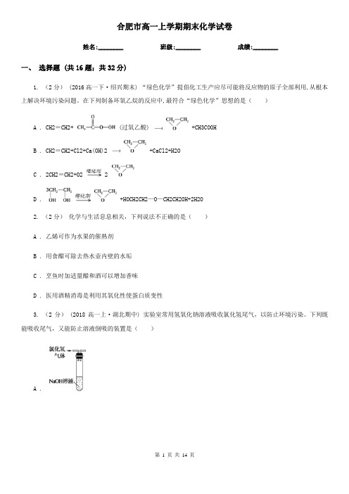 合肥市高一上学期期末化学试卷