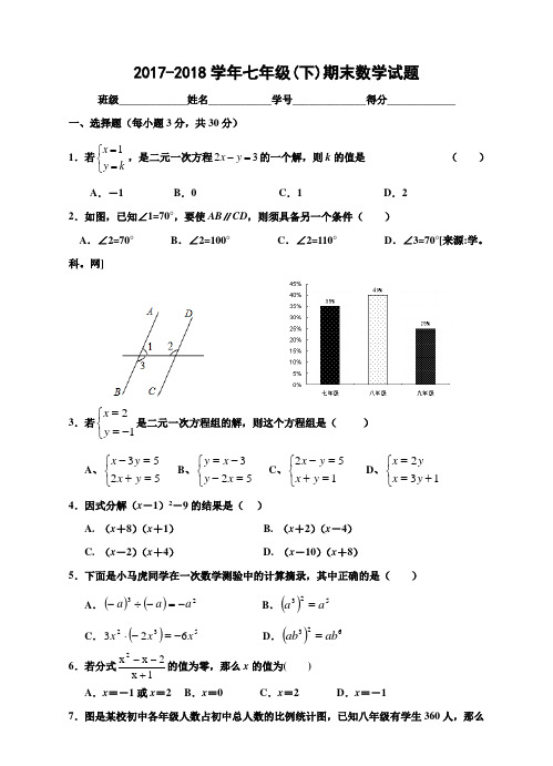 浙教版 2017-2018学年第二学期七年级数学期末测试卷 及答案