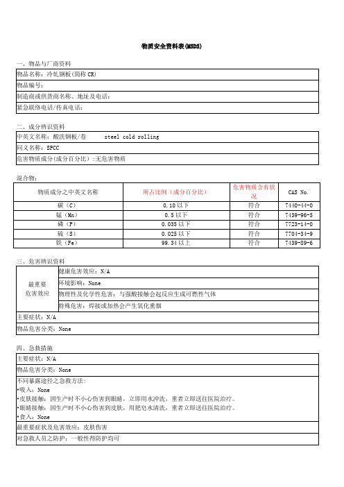 冷轧钢板物质安全资料表