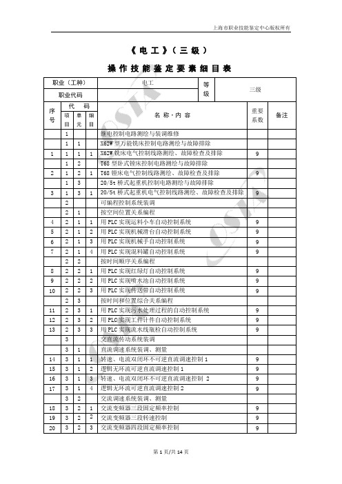 《电工》(三级)操作技能鉴定要素细目表