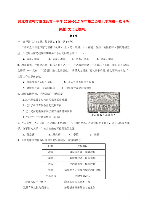 河北省邯郸市临漳县第一中学高二历史上学期第一次月考试题文(无答案)