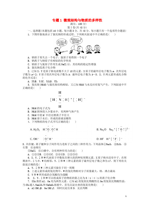 高中化学 专题1 微观结构与物质的多样性单元检测 苏教版必修2