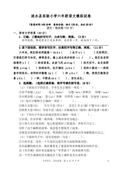 苏教版小学语文毕业生学业水平测试模拟试卷