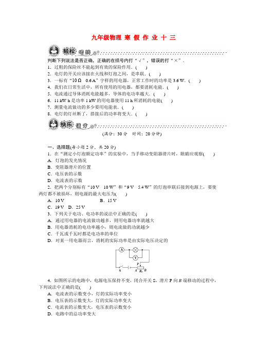九年级物理寒假作业 13(电功率)(练习配答案)
