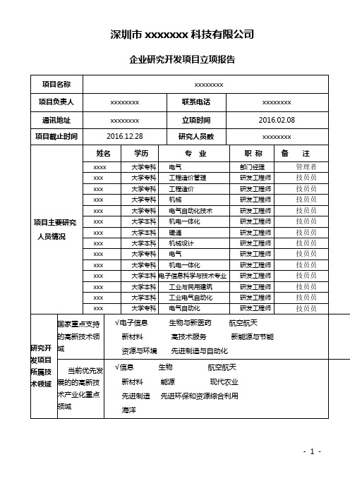 企业研究开发项目立项报告样稿