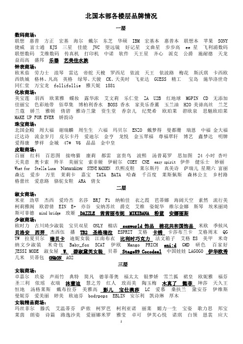 北国本部各楼层品牌情况