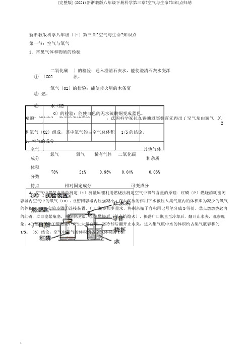 (版)(2017)新浙教版八年级下册科学第三章《空气与生命》知识点归纳